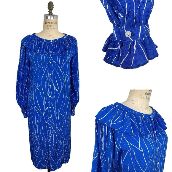 Vtg Adele Simpson Neiman Marcus Long Sleeve Ruffle Dress M Blue Silk Button Up